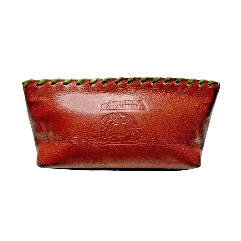 Arte Kuna Colombia 100% Leather Zippered Makeup Bag with 4 Square‎ Mola Design